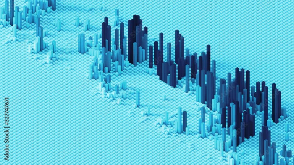 Poster blue 3d render of grid of blocks with pushing up details. complex digital and analysing concept. tec