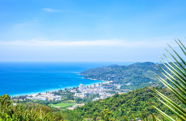 Fototapeta premium Phuket spring landscape by blue sky. Aerial view of thai island