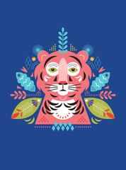 Face of Tiger stylized illustration. Greeting or invitation card. Banner, poster template. Birthday card. Flat ornamental design