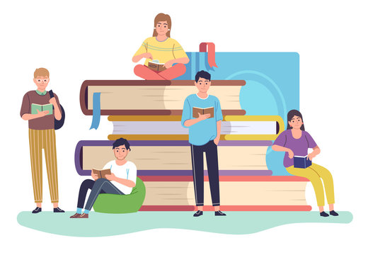 Readers. Small people reading giant books sitting and standing on book stack, literature fans and students, educated readers vector concept
