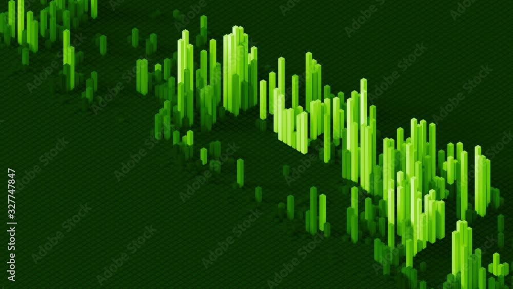 Poster green 3d render of grid of blocks with pushing up details. complex digital and analysing concept. te