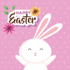 happy easter card with rabbit and flowers vector illustration design