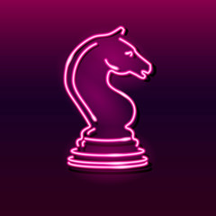 Neon icon of chess knight horse on dark gradient background. Board game, strategy, competition concept. Vector 10 EPS illustration.