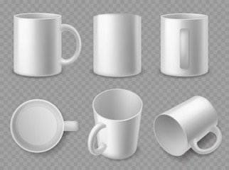 White mugs. Realistic ceramic cups of different sides, mockup for espresso and cappuccino, tea and coffee, porcelain dishes 3d vector template