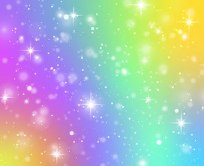 Rainbow texture. Fantasy unicorn galaxy, stars in holographic sky and bokeh, iridescent gradient hologram with glitter effect vector background