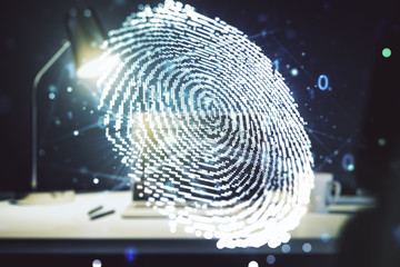 Abstract creative fingerprint concept on modern laptop background. Multiexposure