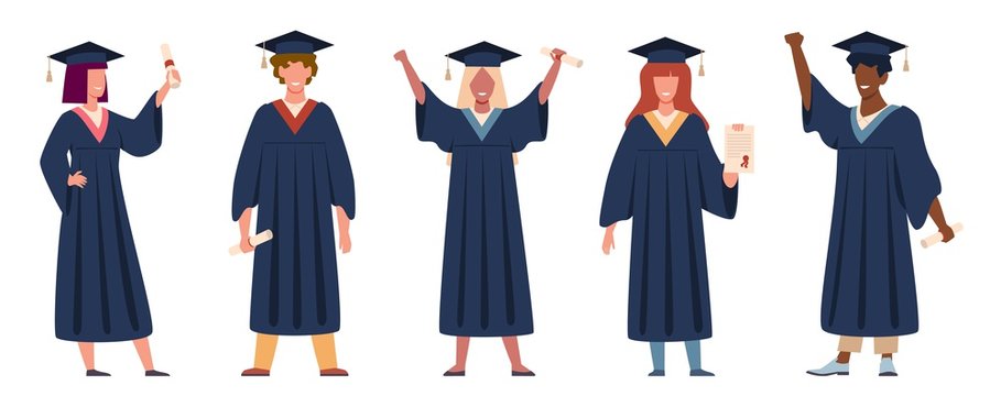 Graduated student. Happy students with diplomas wearing academic gown and graduation cap, group with education certificate vector set