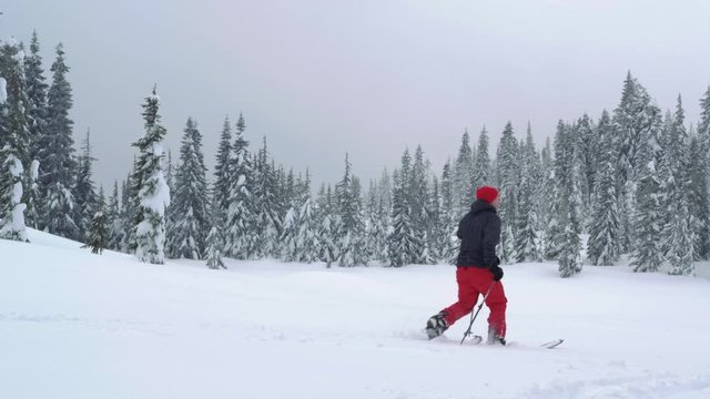 Man Splitboarding in Mountain Snowfall