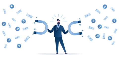 Handsome businessman holds two magnets in his hands and attracting money. Banknotes and coins fly to the employee