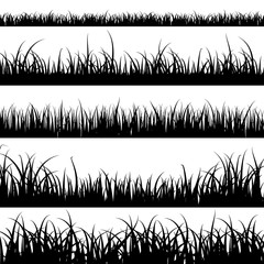 Grass silhouettes. Panorama black plants like fresh cane or weeds on plain and meadow landscape vector set