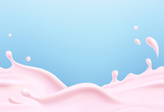 Milk beverage splash seamless pattern. 3d realistic pink yogurt wave border. Vector milky strawberry product package mockup..