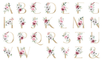 Gold letters set, alphabet with watercolor flowers pink roses and leaf. Floral monogram initial clip art perfectly for wedding invitation, greeting card and other. Holiday design hand painting.