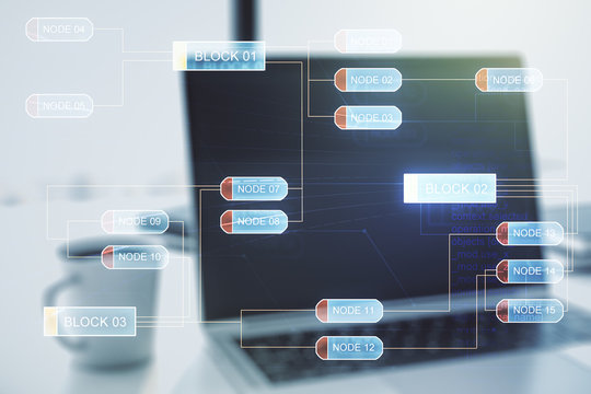 Abstract creative coding illustration on modern computer background, software development concept. Multiexposure