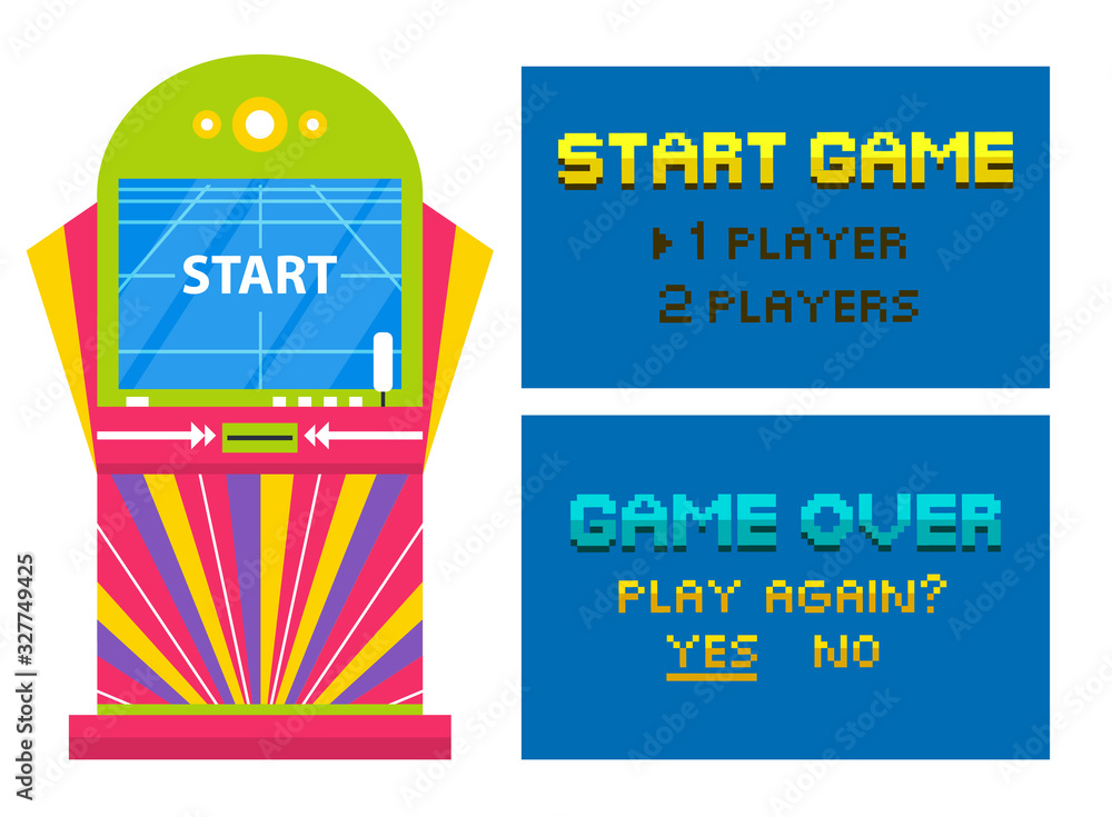 Poster game machine with retro 8 bit graphics and pixel art vector, isolated device video gaming. playing o