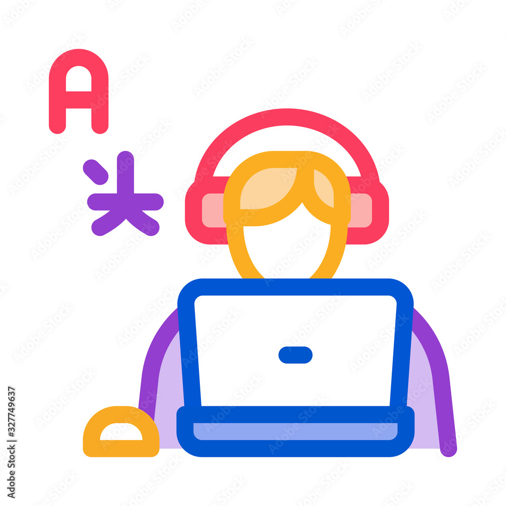 Aufkleber human learn foreign language icon thin line vector. man with laptop and earphones listen internation
