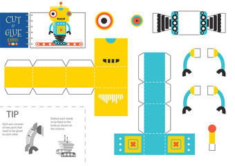 Cut and glue robot toy vector illustration, worksheet.