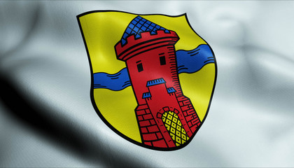 3D Waving Germany City Coat of Arms Flag of Delmenhorst Closeup View