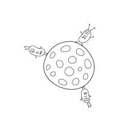 Cute funny aliens are standing on round moon, planet. Taking over the world. Emotions. Design element, icon on the theme of UFOs, space. Doodle vector outline illustration