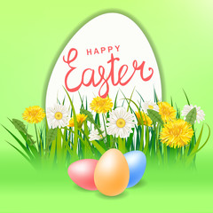 Happy Easter Eaggs lettering template banner dandelions and bunny ears daisies, grass, floral background