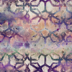 Seamless mixed media collage design in old aged worn look. Painted hexagon geo design overlaid, mottled, and distressed on fabric texture. Seamless repeat raster jpg pattern swatch.