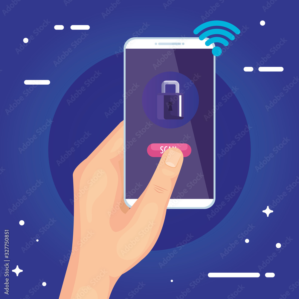 Poster hand holding smartphone with padlock design of security system warning protection danger web alert a