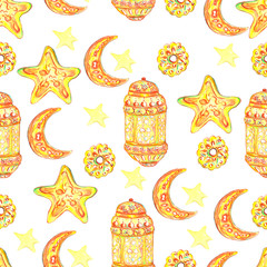 Golden arabic lanterns, stars and crescent moon on white background. Ramadan kareem holiday. Ramadan seamless background. Watercolor illustration.