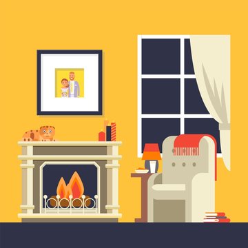 Fireplace in room interior, cozy house room flat style, vector illustration. Fire burning in fireplace, armchair in living room, cozy apartment interior. Picture of newlywed couple in frame on wall