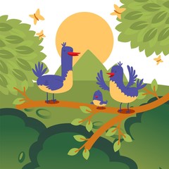 Birds on a tree brunch vector illustration, cute birdie family cartoon characters between green leaves and yellow butterflies. Template for card, print, scrapbook, invitation and wallpaper design.