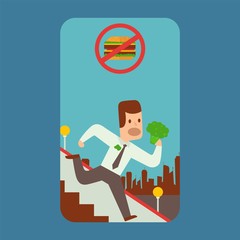 Vegan man cartoon character prefers broccoli over hamburger, healthy lifestyle vector illustration. Organic vegetarian food, businessman running down the stairs, flat style vertical banner or poster