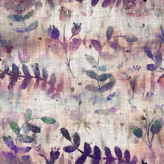 Seamless mixed media collage design in old aged worn look. Botanical pressed flowers design overlaid, mottled, and distressed on fabric texture. Seamless repeat raster jpg pattern swatch.
