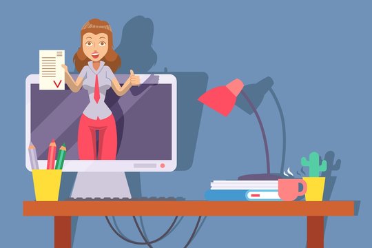 Businesswoman offers profitable deal, online advertisement concept, vector illustration. Female manager on computer screen display, cartoon character. Business partner agreement, contract presentation