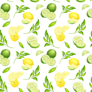 Watercolor lime and lemon with leaves seamless pattern. Hand painted fresh green and yellow citrus fruit illustration isolated on white background for textile, package, wrapping, cards, decoration.