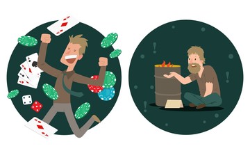 Jackpot winner compared to homeless man, rich and poor people cartoon characters, vector illustration. Happy guy celebrating victory in casino gambling. Unemployed beggar on street lost everything