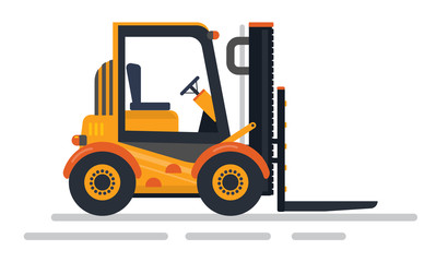 Cargo vehicle, warehouse loader transportation, equipment for goods. Side view of yellow machine distribution boxes, delivery sign, factory vector