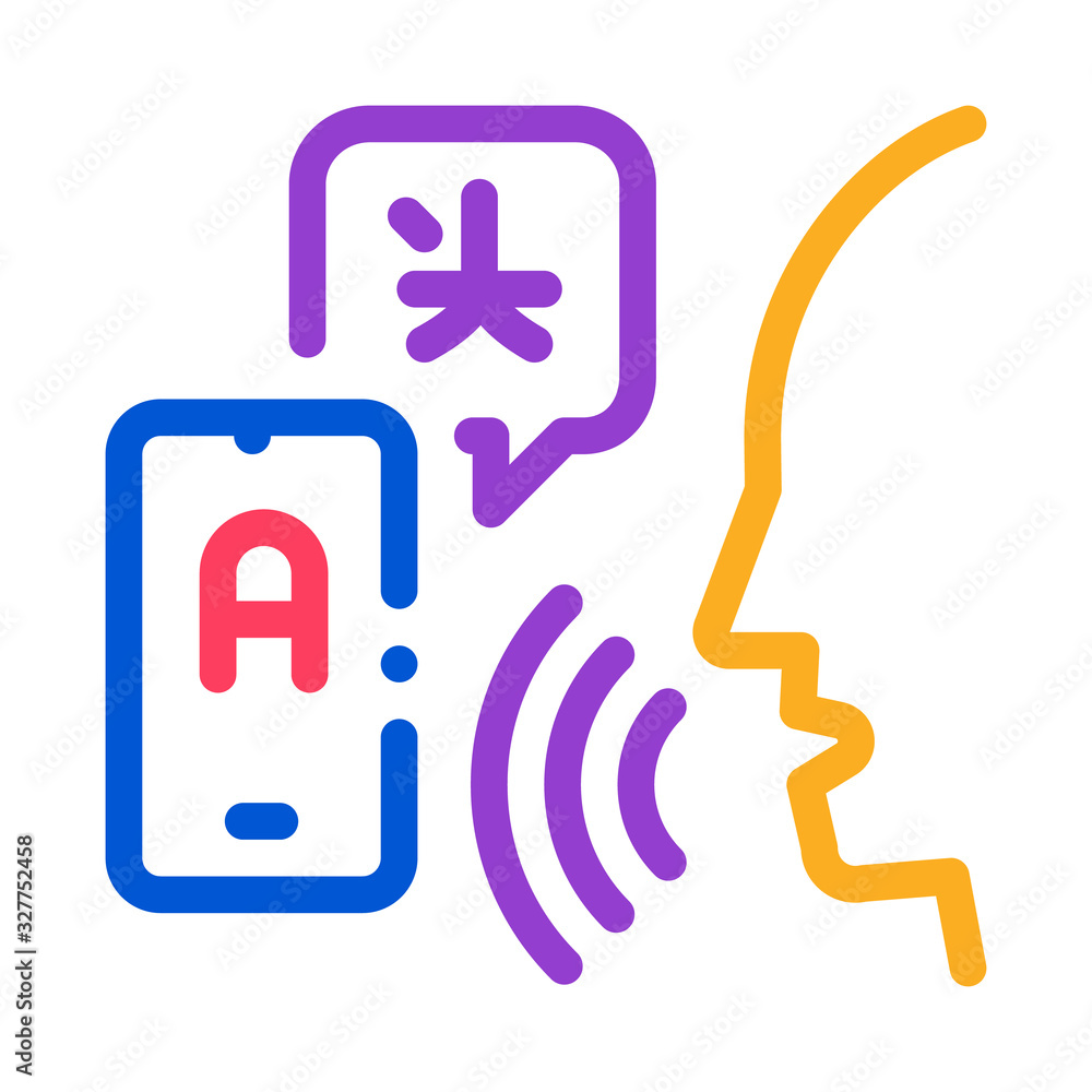 Poster voice interpreter translator icon thin line vector. human speaking and smartphone interpreter transl