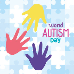 world autism day with hands in background of puzzle pieces vector illustration design