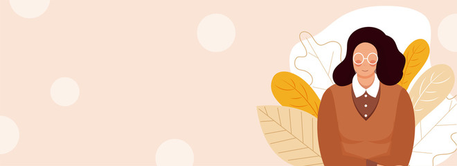 Woman Character with Leaves on Light Peach Background. Header or Banner Design.