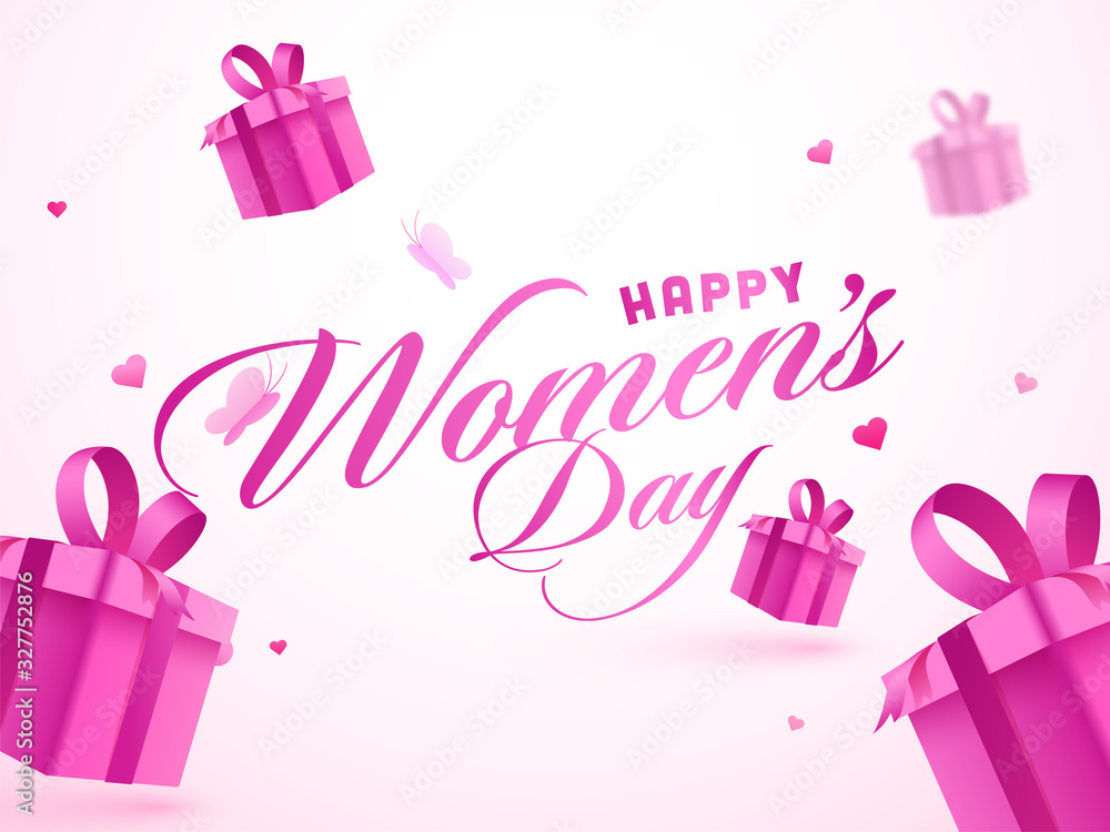 Poster Pink Happy Women's Day Font with 3D Gift Boxes, Hearts and Paper Butterflies Decorated on White Background.