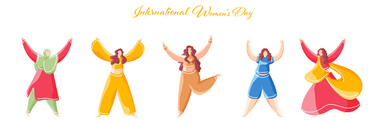Different Culture Female Group Dancing or Enjoying on White Background for International Women's Day Celebration.