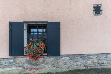 Fototapeta na wymiar Brick walls background of ancient buildings with windows and flowers