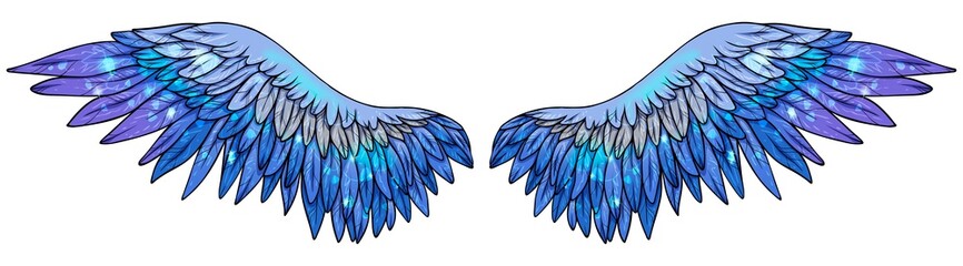 Beautiful magic glowing blue wings, hand drawn vector