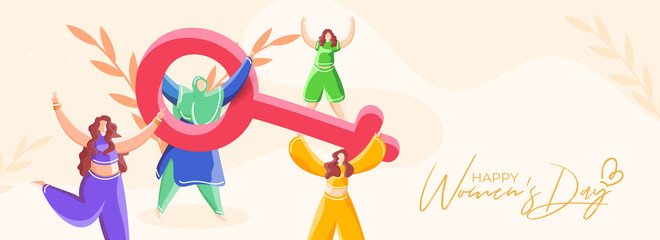 Happy Women's Day Header or Banner Design with Different Religion Female Group Enjoying and Venus Sign on Pastel Peach Background.