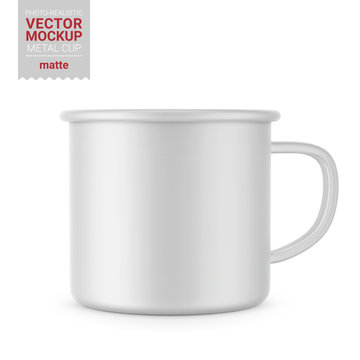 Matte White Enamel Metal Cup. Vector Mockup.