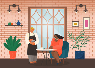 Woman eating out. Waiter takes order from customer. Lady sit on chair by table and eat meal. Place for lunch and dinner, cozy interior with pictures and shelves on wall. Vector illustration in flat