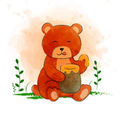 Cute teddy bears eat honey in jars