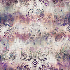 Seamless mixed media collage design in old aged worn look. Hand drawn damask design overlaid, mottled, and distressed on fabric texture. Seamless repeat raster jpg pattern swatch.