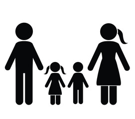 Stick figure family, mother, father, son, daughter together hold hands