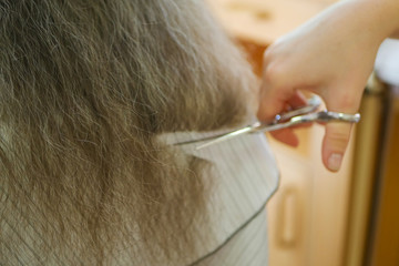 The hairdresser cuts the ends of the hair close up. Hairdresser haircut