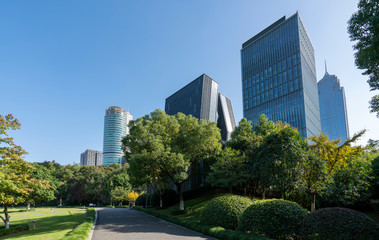 Obraz premium Park forest and urban architecture landscape of Ningbo..