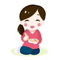 Illustration of a woman eating rice with a smile